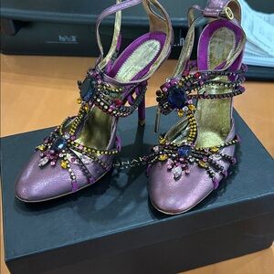 Donna Karan Metallic Purple Jeweled Strappy Heels